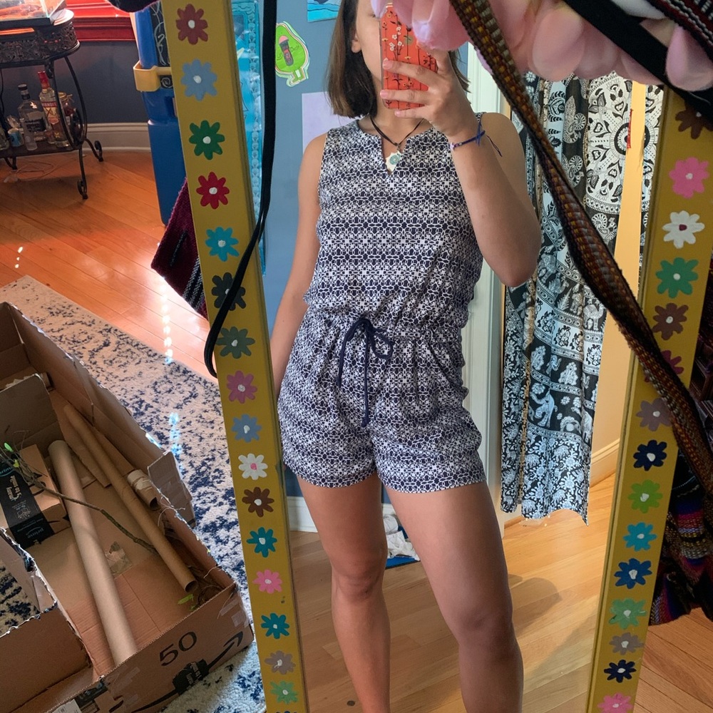 Navy blue and white romper